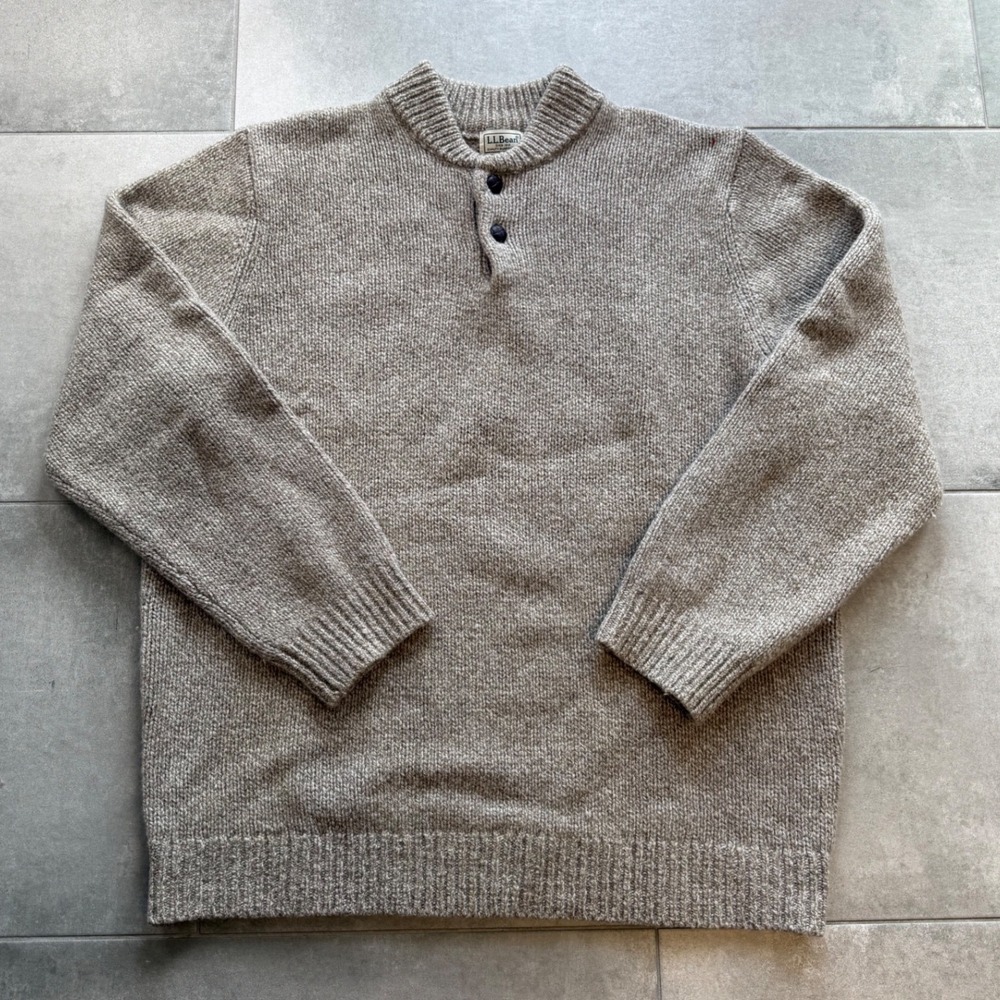Vintage LL Bean Mens XL Tall Oatmeal Lambswool Henley Sweater Mock Neck Beige